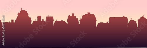 Fototapeta Naklejka Na Ścianę i Meble -  Evening street silhouette. Small city houses residential quarters. Cityscape with buildings. Housing Vector