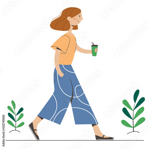 A woman in wide blue trousers is walking with a cup of coffee. Isolated vector image on a white background.