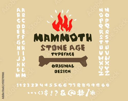 Primitive prehistoric style hand drawn Alphabet for cartoons, board games. Funny original Illustrative Typeface. Letters and symbols bonfire, bone vector Illustration. 
