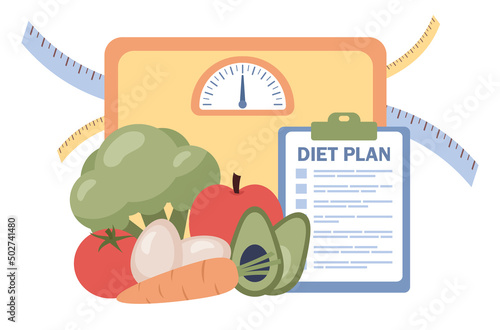 Diet plan with healthy food. Nutritionist concept. Weight loss, calorie control and physical activity. Vector flat illustration 