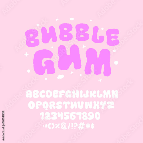 Funny Hand Drawn Alphabet for chewing gum, shampoo, mouthwash, games. Original cartoon  letters and symbols bubble, stars, cloud. Vector Illustration. 