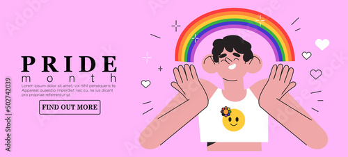 Cheerful character with rainbow celebrate pride month or day vector flat illustration. LGBTQ or transgender support on social media banner or post template, greeting card on pink background.