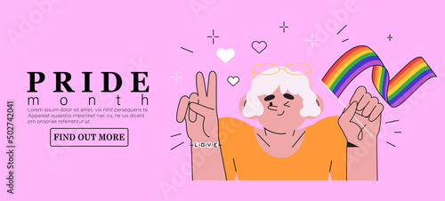 Cheerful character with rainbow lgbtq flag celebrate pride month or day vector flat illustration. LGBTQ support social media banner or post template, greeting card or invitation on pink background.