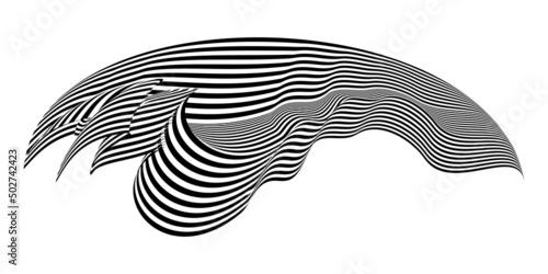 Waving flag as a brush stroke with zebra texture. Vest striped with fabric Black and white stripes curved in a bizarre way with waves curving along the trajectory