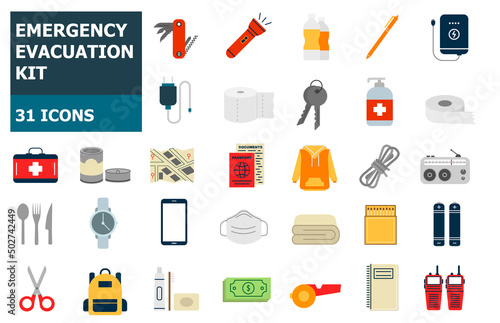 Vector objects set on white background of survival emergency kit for evacuation or disasters