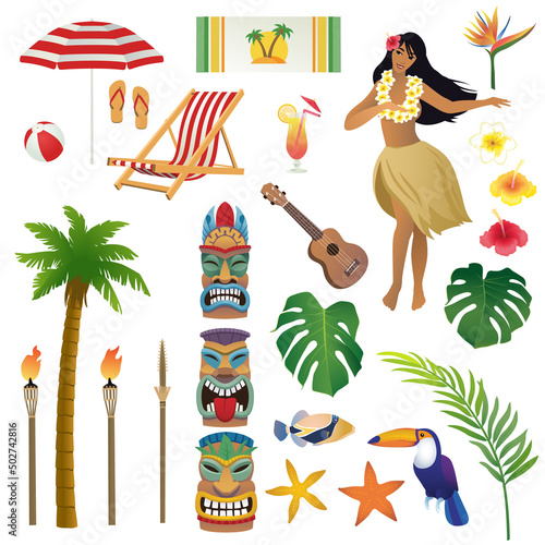 Set of realistic vector illustrations on Hawaiian tropical theme