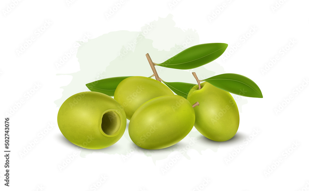 Obraz premium Fresh Green Olives vector illustration with green leaves isolated on white background