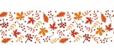 Horizontal seamless background with autumn leaves and berries on a white background. Vector illustrations.