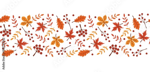 Horizontal seamless background with autumn leaves and berries on a white background. Vector illustrations.
