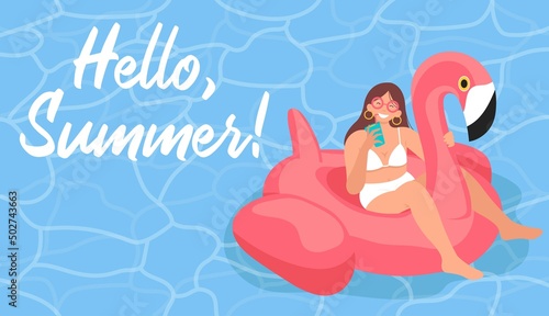 Tan girl in bikini relaxing in water pool, sitting on flamingo inflatable float with cocktail on summertime holiday. Hello summer card. Summer vacation banner. Flat vector illustration.