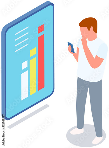 Analytics information and development statistics. Web analysis measure, product testing technology. Man analyses dashboard seo optimization, digital report. Statistical indicators and data on diagram