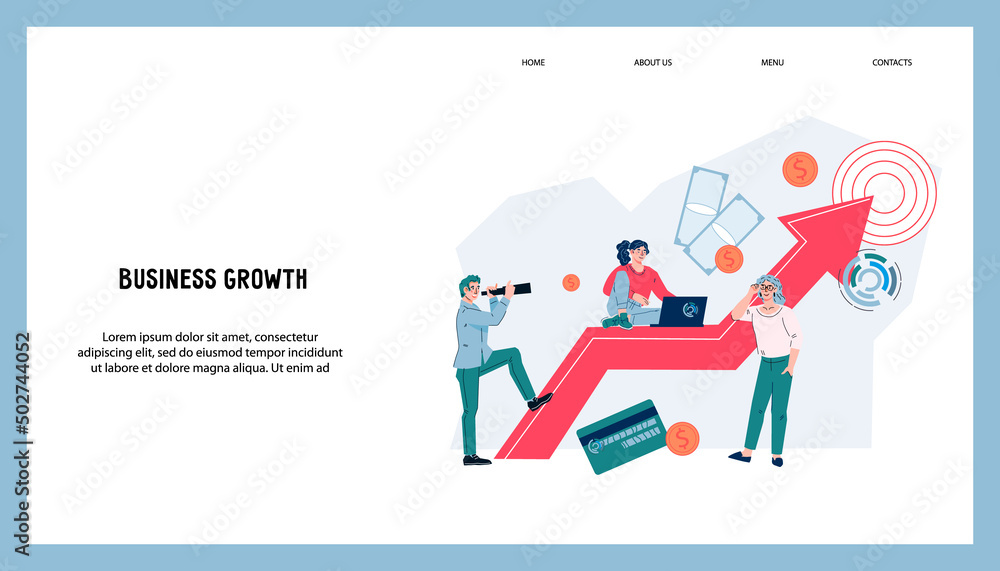 Business growth and successful development website banner mockup, vector cartoon flat illustration. Increase profits and profit increase for web page or marketing material.