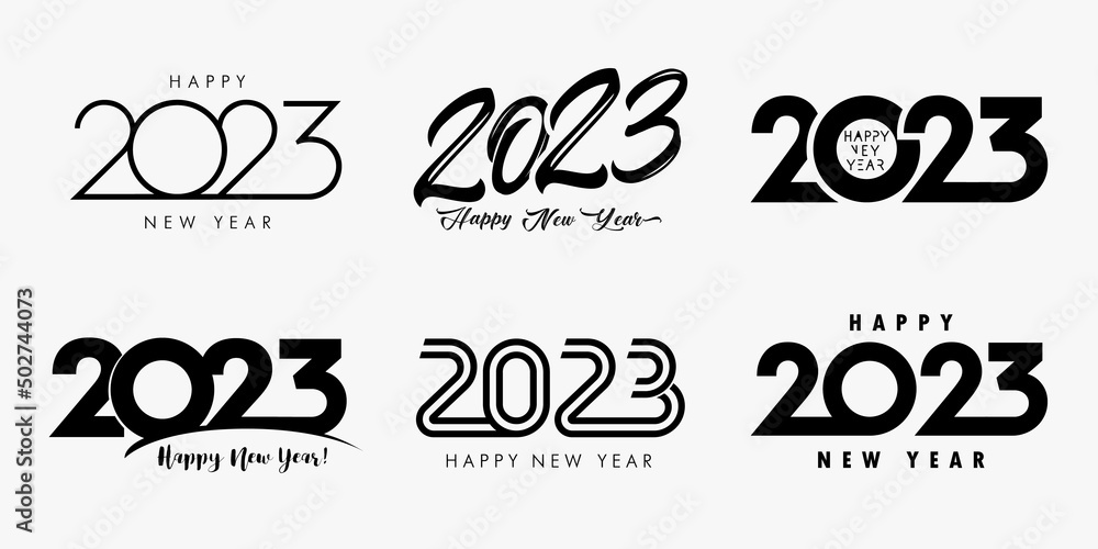 Big set 2023 Happy New Year black logo text design. 20 23 number design template. Collection of symbols of 2023 Happy New Year. Vector illustration with creative labels isolated on white background - obrazy, fototapety, plakaty 