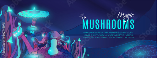 A banner of fancy decorative glowing magic mushrooms of various shapes on a dark background. Beautiful magical landscape, hand-drawn concept. Vector illustration