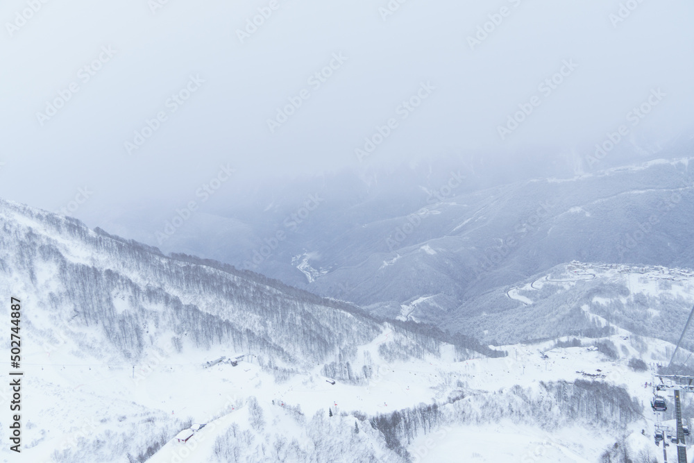 Winter mountain landscape: The Rosa Khutor Alpine Resort near Krasnaya Polyana panoramic background.