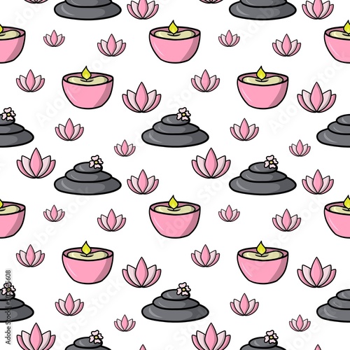 Lotus, Scented candles, relaxation and spa, relaxation from work, seamless pattern