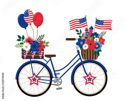 Patriotic dark blue bicycle with American flags, floral bouquets, and balloons in USA national colors illustration, isolated on white background. 4th of July themed design holiday card.