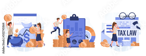 Financial or business profession set. Business character making financial operation. Economist, financier, broker, accountant, trader, tax inspector, commercial director. Vector illustration