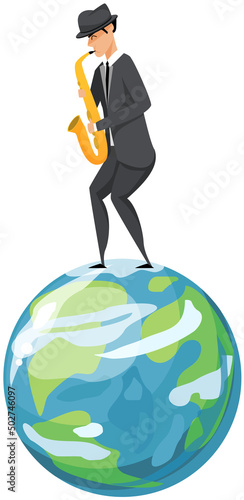 Jazz musician saxophone player with sax stands on white background. Vector man in suit playing musical instrument. Saxophonist playing on blowing musical instrument jazzman, brass orchestra concert