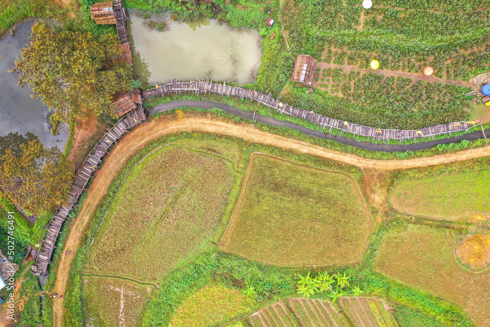 Fototapeta premium Aerial views of Pua and the rice fields in Nan province, Thailand