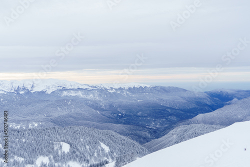 Winter mountain landscape: The Rosa Khutor Alpine Resort near Krasnaya Polyana panoramic background.