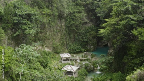 Dolly in aerial shot of a peceful Balneario Mata de Maiz, Dominican Republic. photo