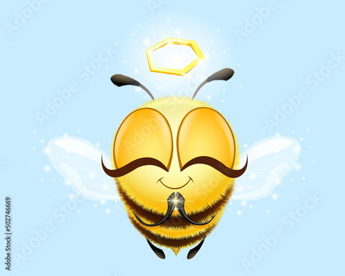 Cute funny cartoon fluffy bee angel character with nimbus.
