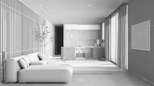 Total white project draft, pet friendly living room with sofa and kitchen. Space devoted to pets, dog bed inside furniture. Carpet, big windows with curtains, parquet. Interior design © ArchiVIZ