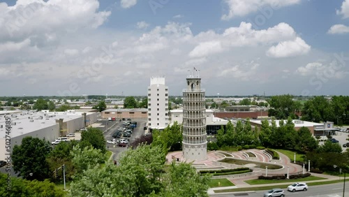 Leaning Tower of Niles, American Replica of the Leaning Tower of Pisa. Aerial Establishing Shot photo