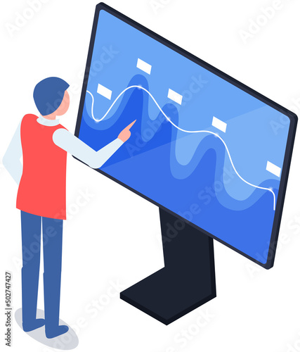 Analytics information and development statistics. Web analysis measure, product testing technology. Man analyses dashboard seo optimization, digital report. Statistical indicators and data on diagram