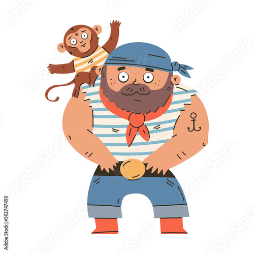 Pirate sailor with monkey vector cartoon character isolated on a white background.