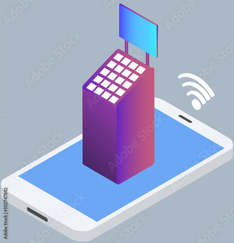 Self checkout technology machine. Online equipment for office or business center in smartphone. Modern devices, computer technology for work. Technical support, cashier device for payment