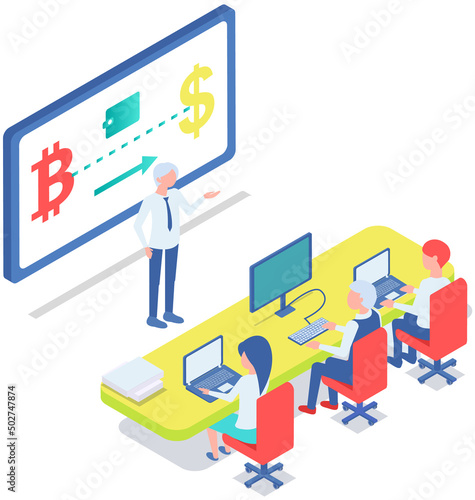 Professor teaching financial literacy in academy. Class at business school or university, students learning about cryptocurrency and trading, digital money mining. Finances, education concept