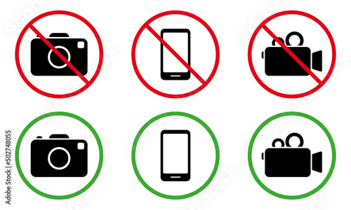 Video Camera Photo Smartphone Recording Allowed Area Black Silhouette Icon Set. Camera Zone Ban Sign. Alert Video Camera Photography Call Zone Place Red Green Symbol. Isolated Vector Illustration