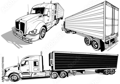 Set of Drawings of an American Truck with a Trailer - Black Illustrations Isolated on White Background, Vector photo