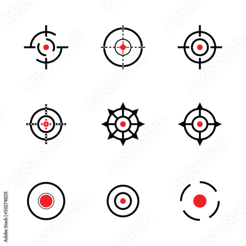 Target or Aim icon set of 9 icons in black and red color on white background target icons