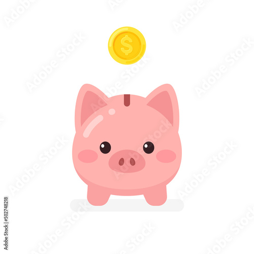 Cute kawaii piggy bank front view icon. Flat vector illustration isolated on white background