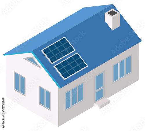 Eco friendly house, modern energy saving technology. Renewable sustainable village building with photovoltaic solar panels roof power energy. Family house on urban smart city street isolated on white