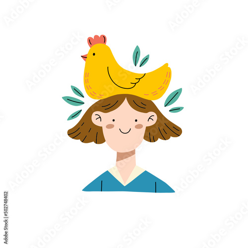 Female farmer holding chicken on her head. Hand drawn flat illustration. Funny animal cartoon character isolated on white background. Farmers market logo