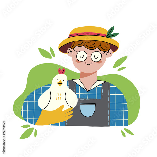 The farmer holding chicken logo. Farm animal hand drawn flat vector illustration. Character isolated illustration on white background. Farmers market logo.