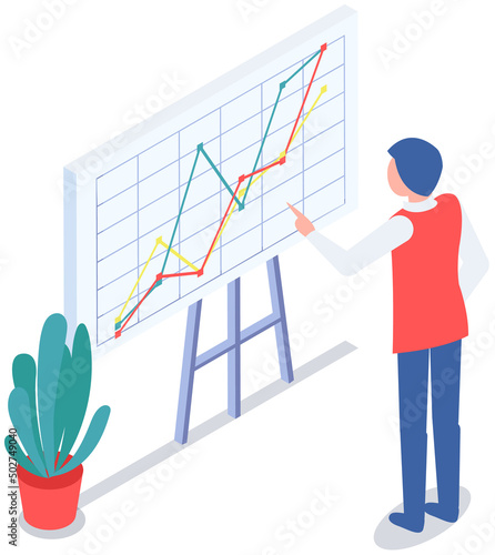 Analytics information and development statistics. Web analysis measure, product testing technology. Man analyses dashboard seo optimization, digital report. Statistical indicators and data on diagram