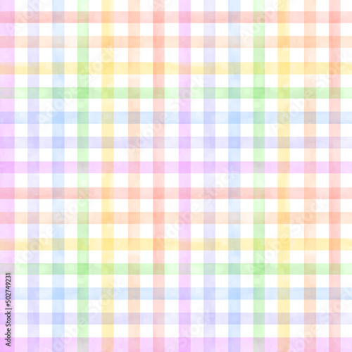 Watercolor rainbow striped pattern. Multicolor check pattern for kids. Pastel geometrical pattern for fabric, kids apparel, home decor