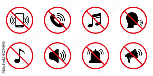Silence Mute Black Silhouette Icon Set. Forbidden Loud Sound Voice Pictogram. Ban Noise Phone Loudspeaker Sound Red Stop Symbol. Call Prohibited Notice. Quiet Mode Icon. Isolated Vector Illustration © Toxa2x2