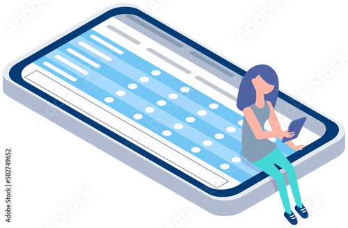 Young woman uses smartphone. Girl is holding gadget. Pastime in social networks. Internet addiction. Woman working remotely freelancing, working on tablet pc, communicating through social networks