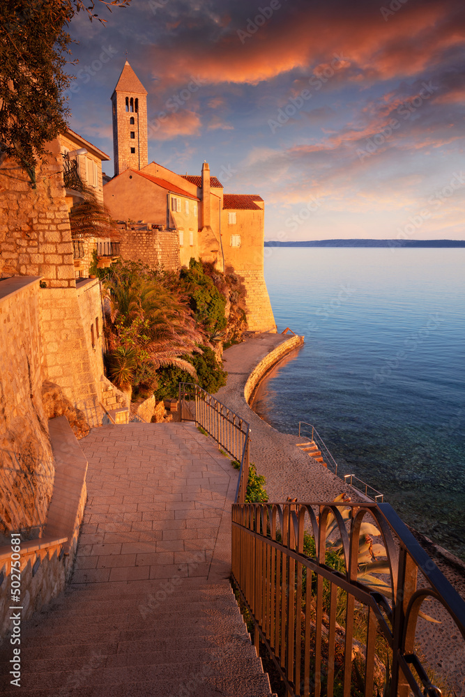 Rab, Rab Island, Croatia. Cityscape image of iconic village Rab, Croatia located on Rab Island at sunset.
