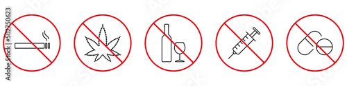 No Smoke Cigarette, Drink Alcohol, Take Drug and Pill Black Line Icon. Addiction Forbidden Pictogram. Warning Not Narcotic, Doping Zone Outline Red Stop Symbol. Isolated Vector Illustration
