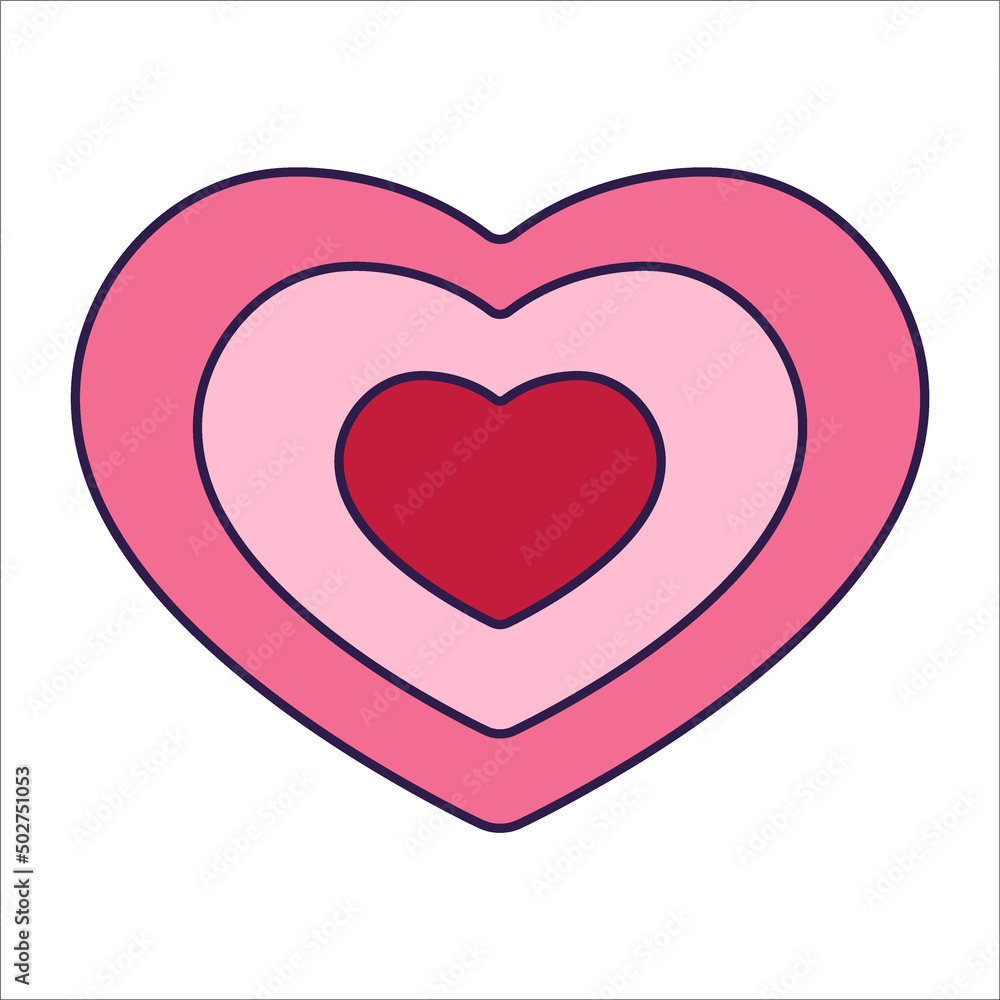 Retro Valentine Day icon heart. Love symbols in the fashionable pop line art style. The figure of a heart in soft pink, red and coral color. Vector illustration isolated on white.