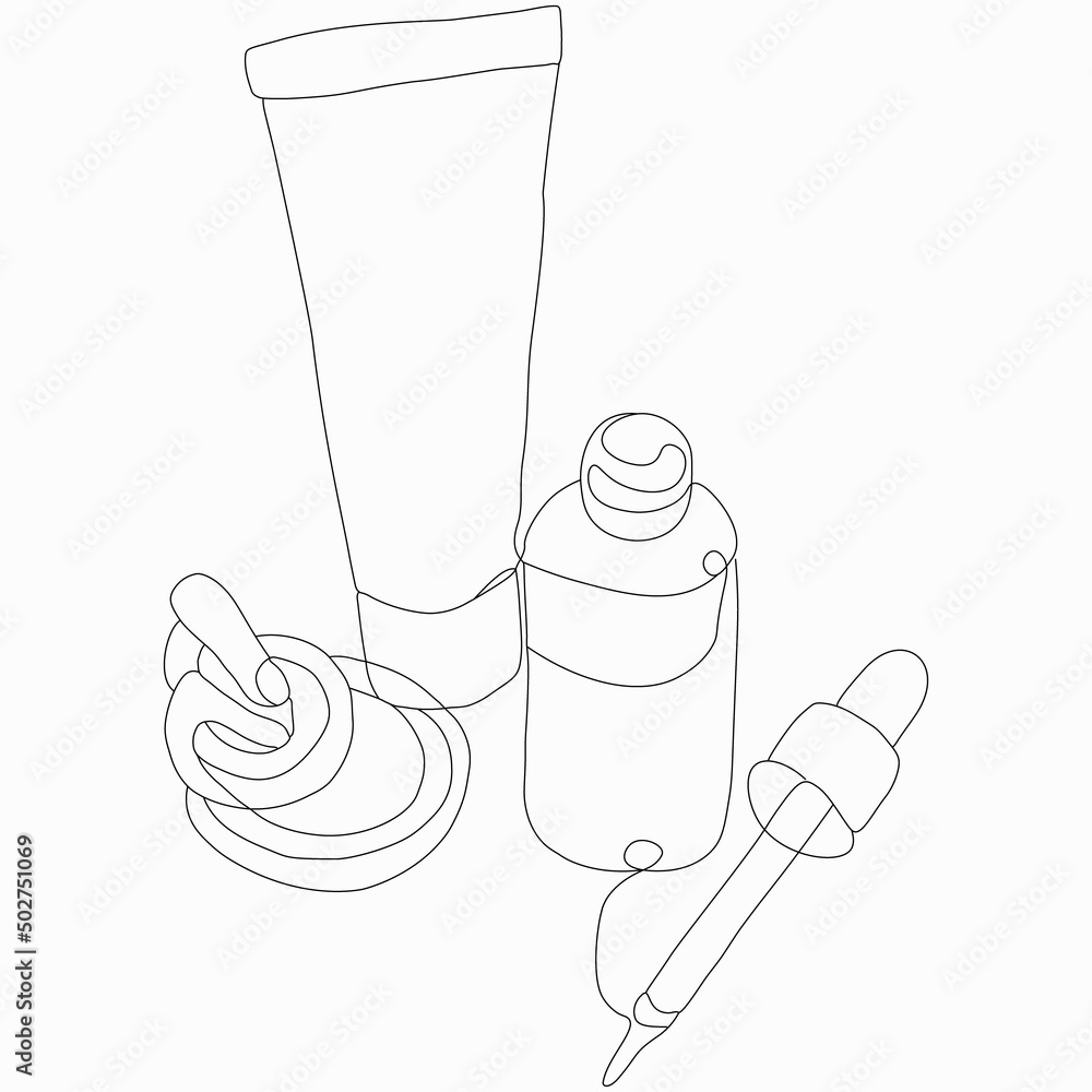 Beauty and care. Face and body cosmetics, jewelry. Serum for the face. Vector flat line art illustration. Vector element for decoration in the style of minimalism. Imitation of drawing by one line. Beauty and care. Face and body cosmetics, jewelry. Serum for the face. Vector flat line art illustration. Vector element for decoration in the style of minimalism. Imitation of drawing by one line.