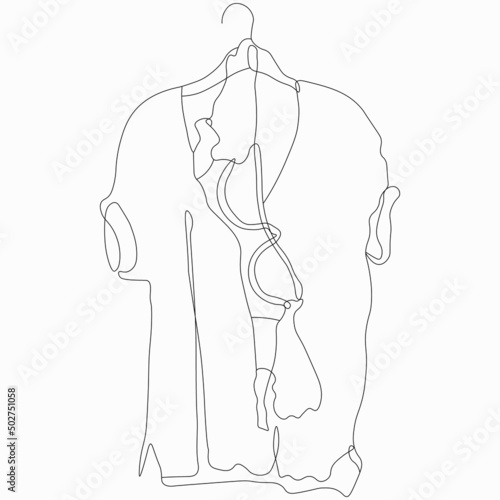 Beauty and care. Fashion look. Collection of clothes. T-shirt and bra.Vector flat line art illustration. Vector element for decoration in the style of minimalism. Imitation of drawing by one line