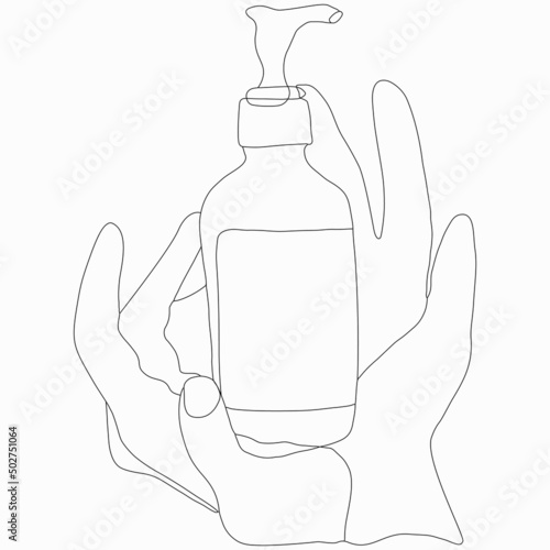 Beauty and care. Silhouette of hands holding body cream. Vector flat line art illustration. Vector element for decoration in the style of minimalism. Imitation of drawing by one line. Body cosmetics